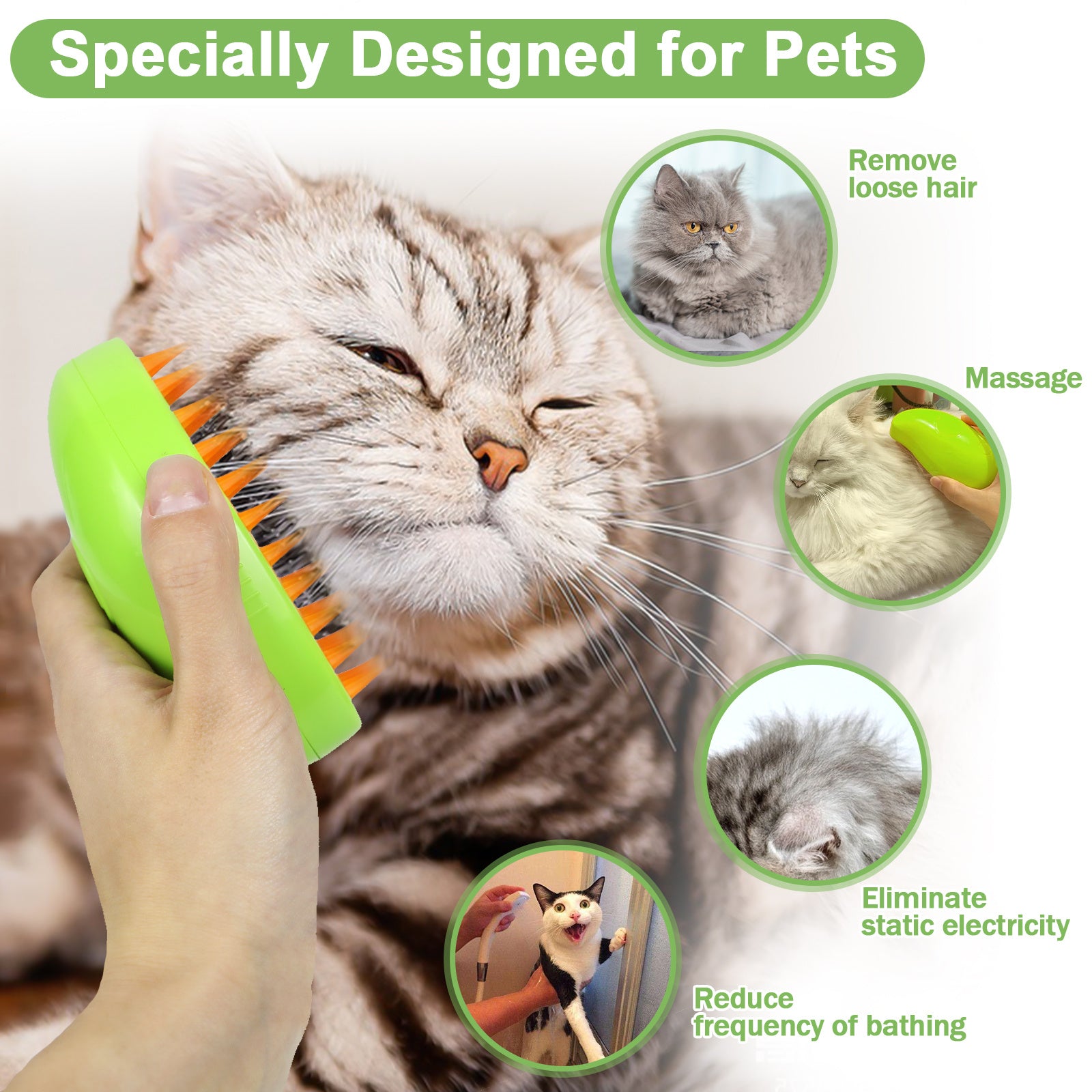 Cat Steam Brush for Shedding – 3-in-1 Steamer Grooming Comb for Cats & Dogs, Rechargeable Pet Hair Remover