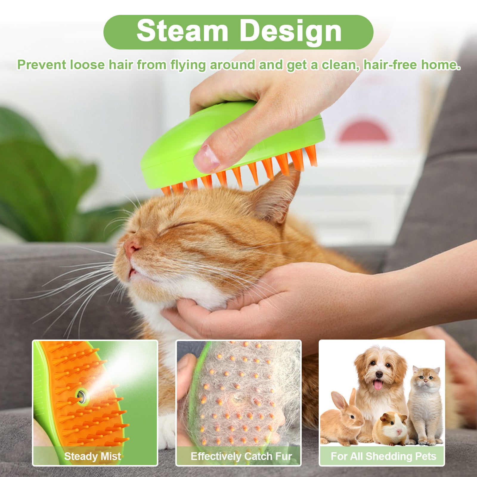 Cat Steam Brush for Shedding – 3-in-1 Steamer Grooming Comb for Cats & Dogs, Rechargeable Pet Hair Remover